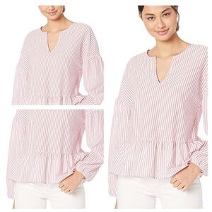 BCBGMAXAZRIA Women's Long Sleeve Peasant Woven Top Red and White size M NWT